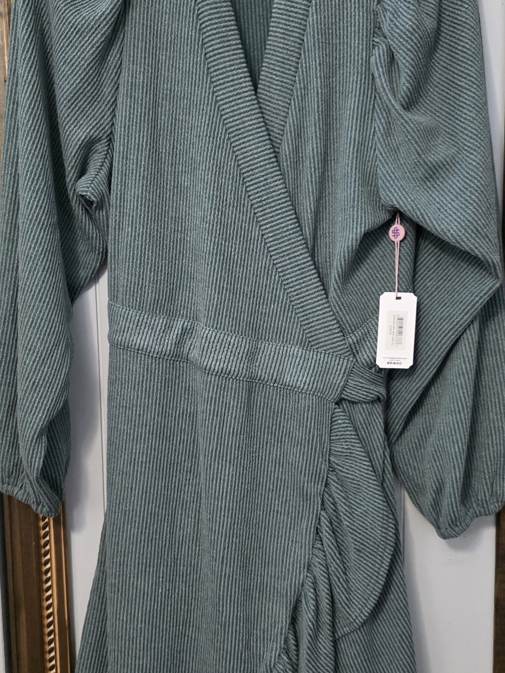 Simply Southern Dusty Sage Ribbed Wrap Midi Dress with Tie - Picture 2 of 8